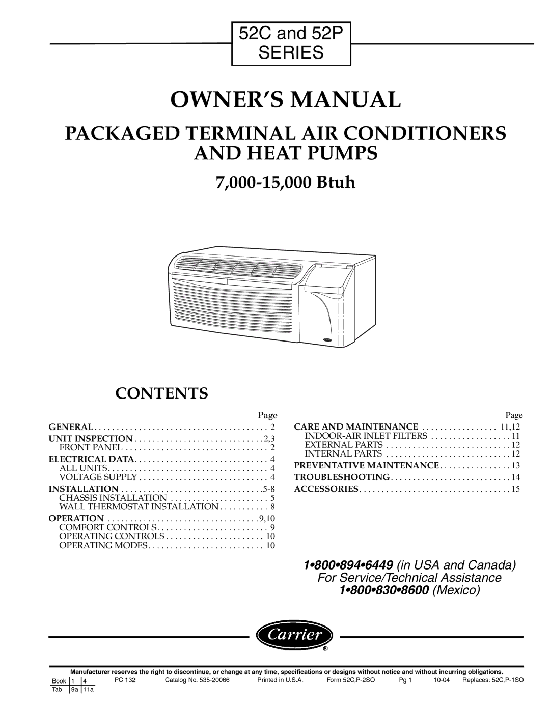 Carrier 52P owner manual Packaged Terminal AIR Conditioners Heat Pumps, Contents 