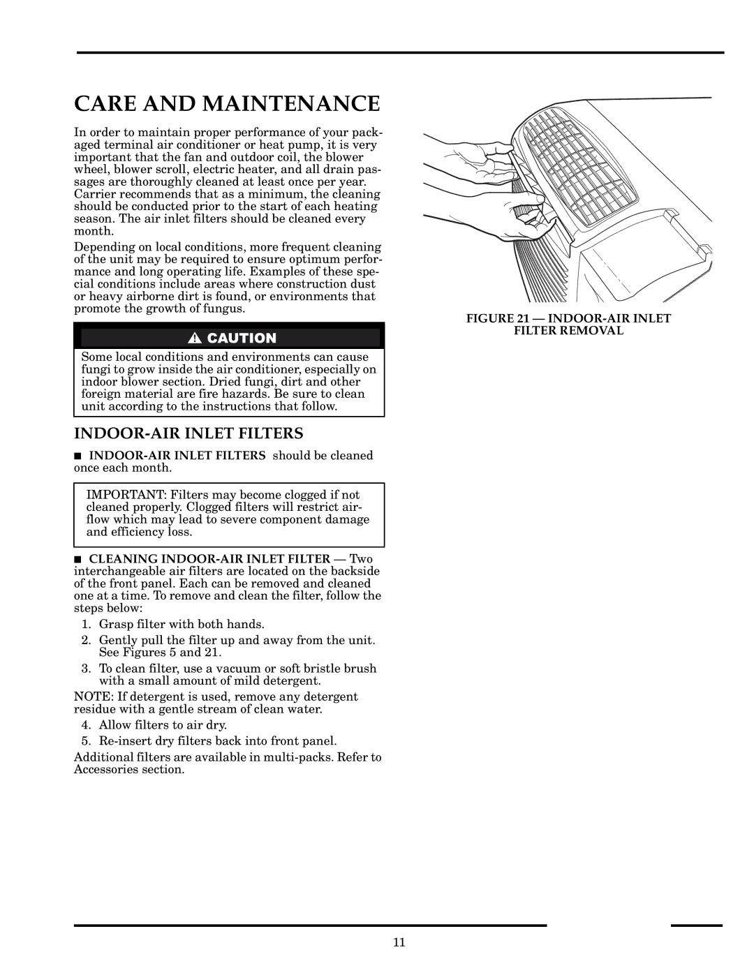 Carrier 52P owner manual Care and Maintenance, INDOOR-AIR Inlet Filters 