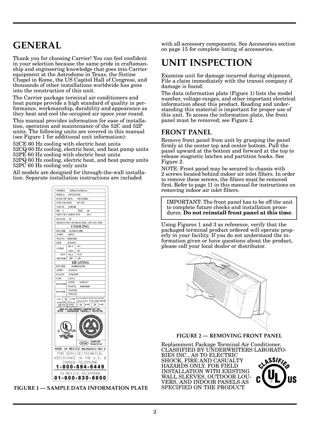 Carrier 52P owner manual General, Unit Inspection, Front Panel 