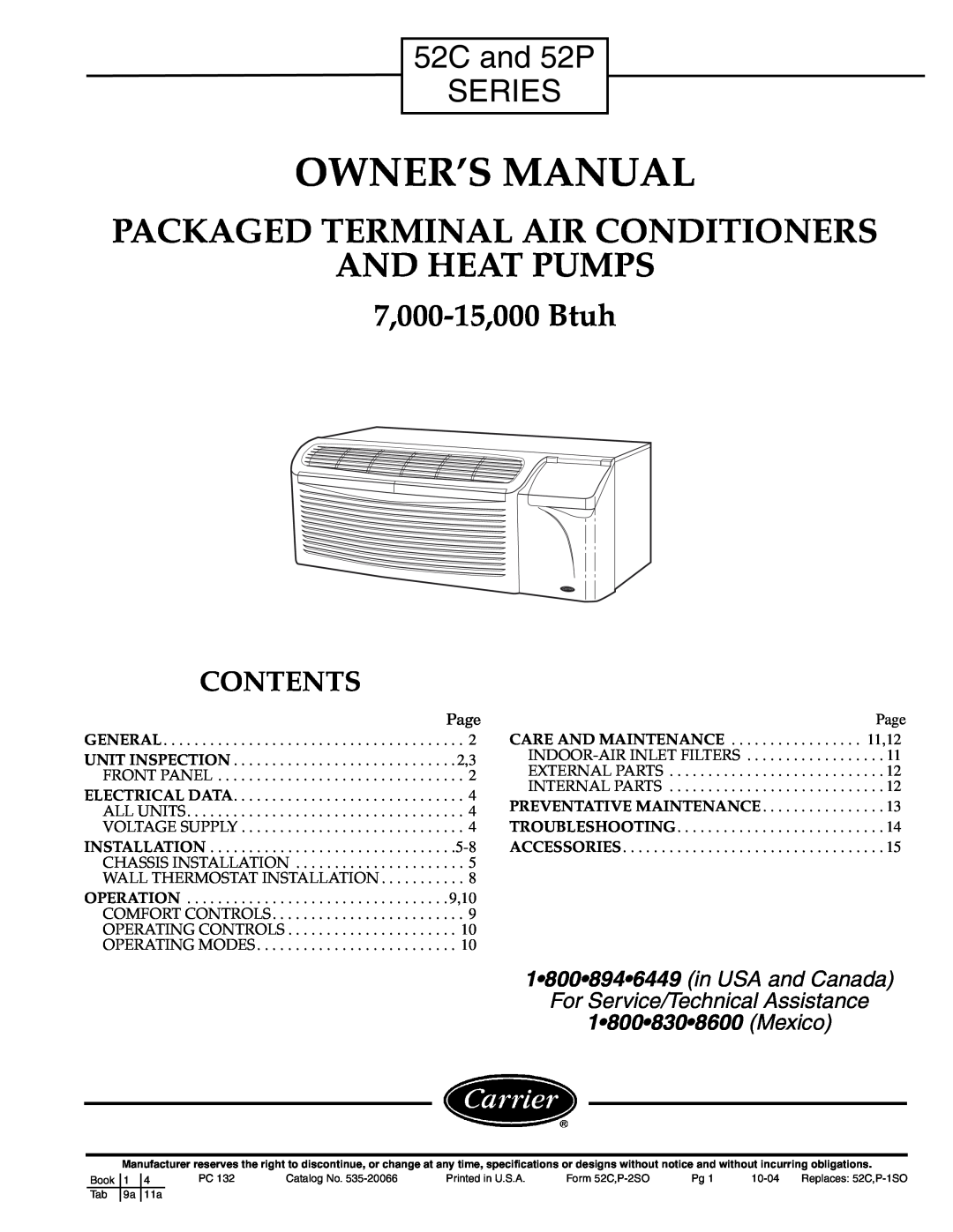 Carrier owner manual 52C 52Cand 52P, Series, Contents, Packaged Terminal Air Conditioners And Heat Pumps 