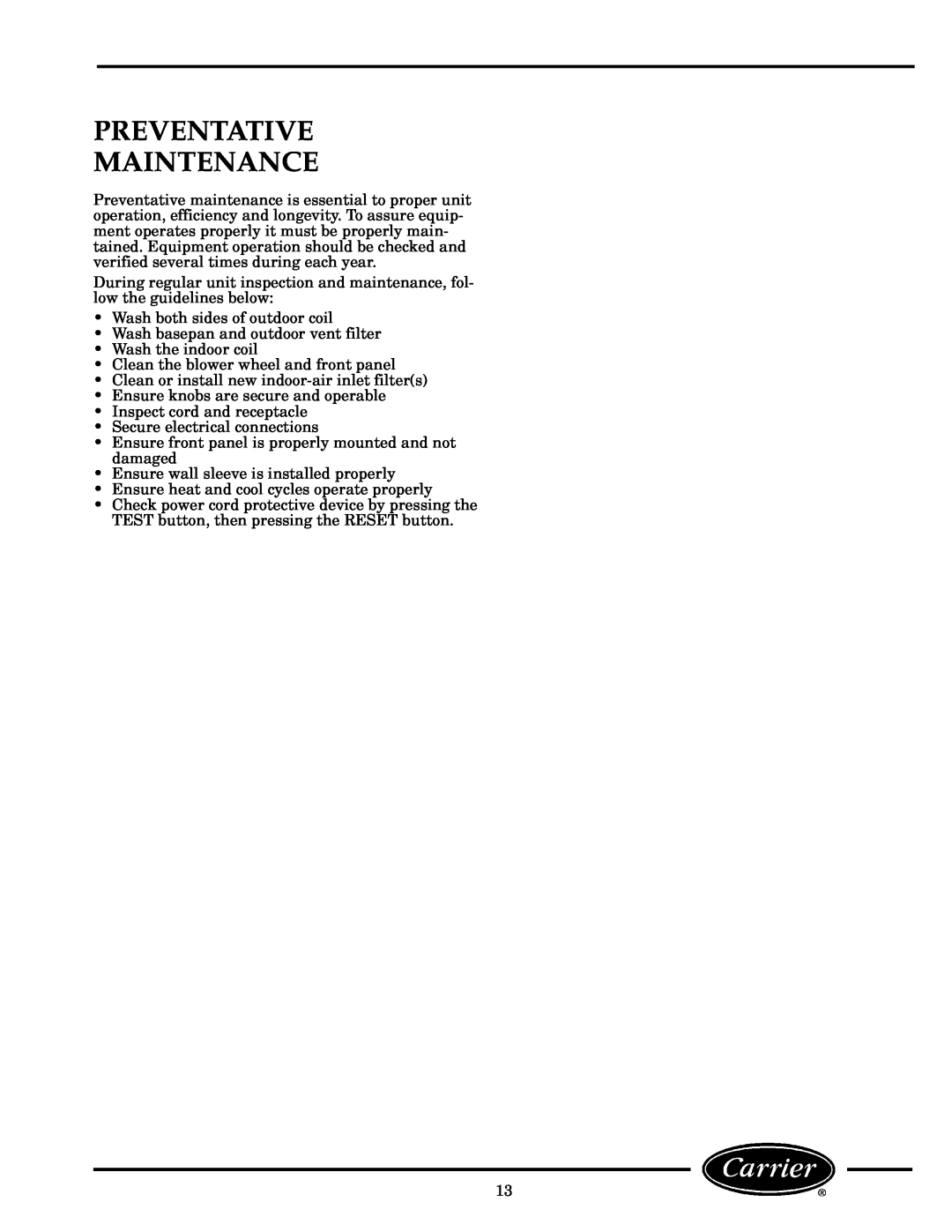 Carrier 52P owner manual Preventative Maintenance 