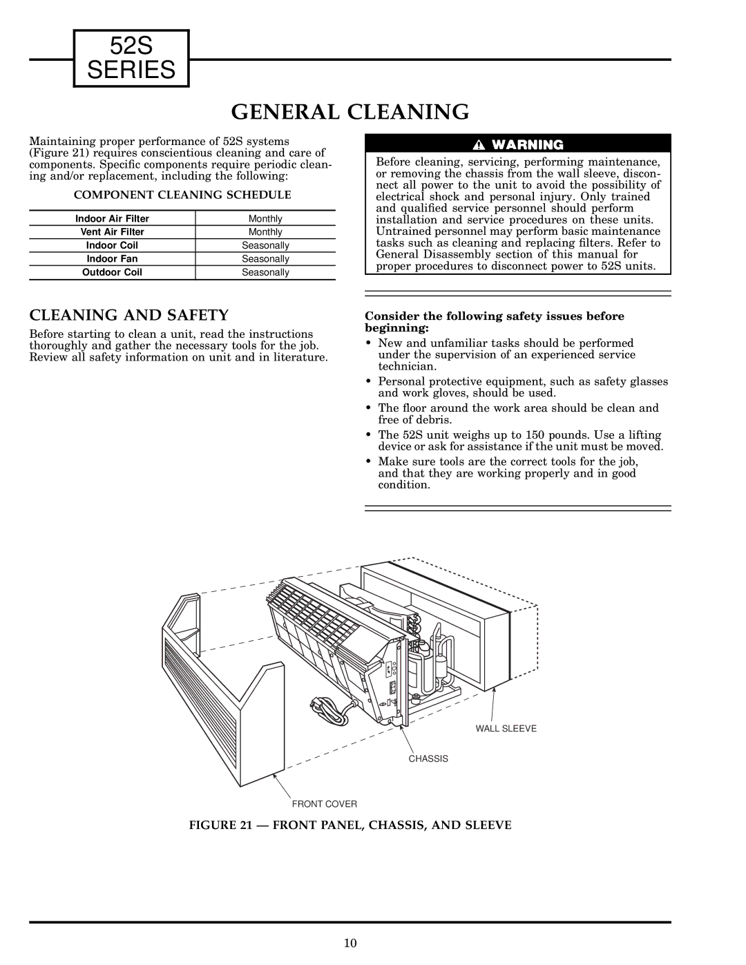 Carrier 52S manual General Cleaning, Cleaning and Safety, Component Cleaning Schedule 