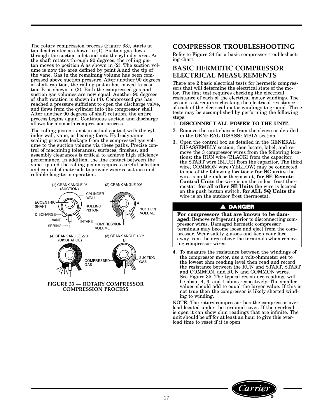 Carrier 52S manual Compressor Troubleshooting, Basic Hermetic Compressor Electrical Measurements 