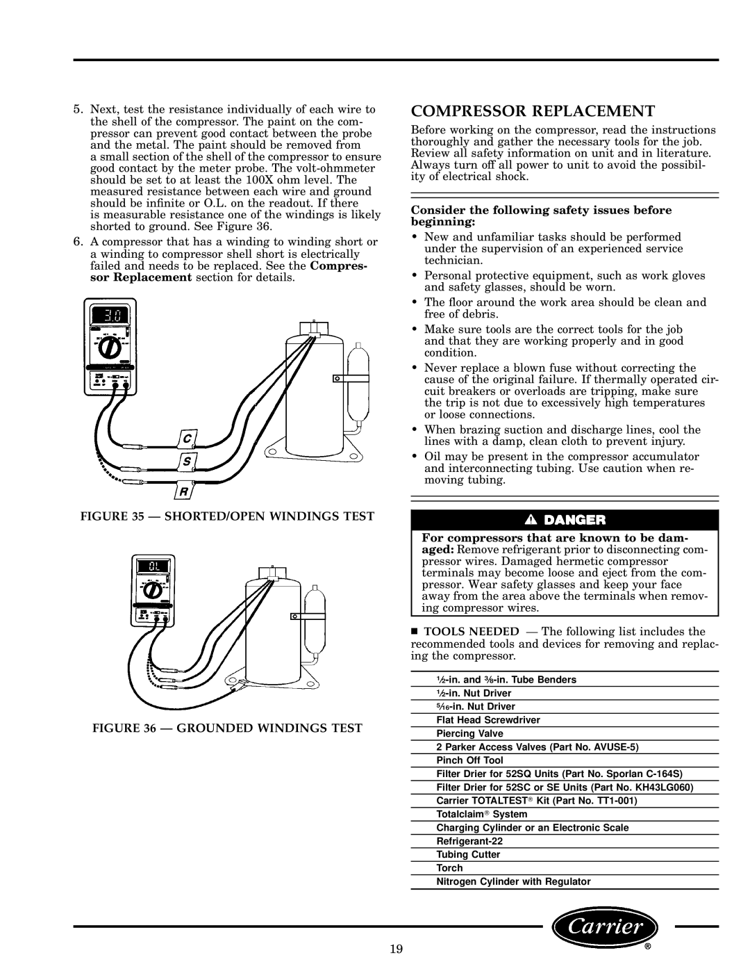 Carrier 52S manual Compressor Replacement, SHORTED/OPEN Windings Test 