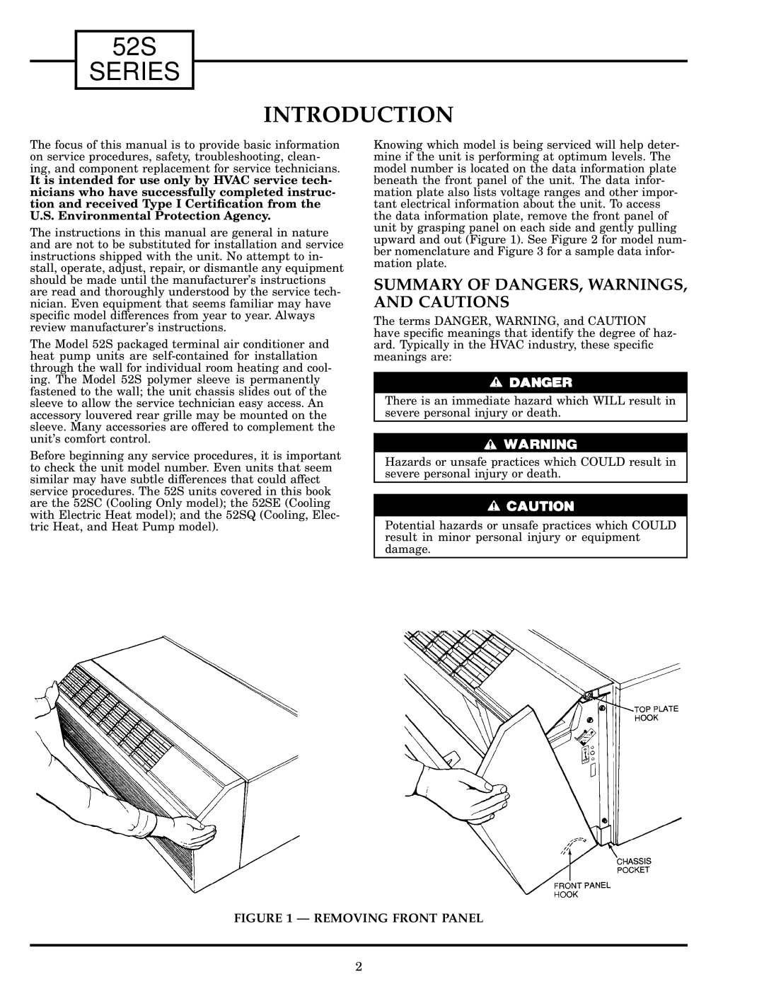 Carrier 52S manual Introduction, Summary of DANGERS, WARNINGS, and Cautions 