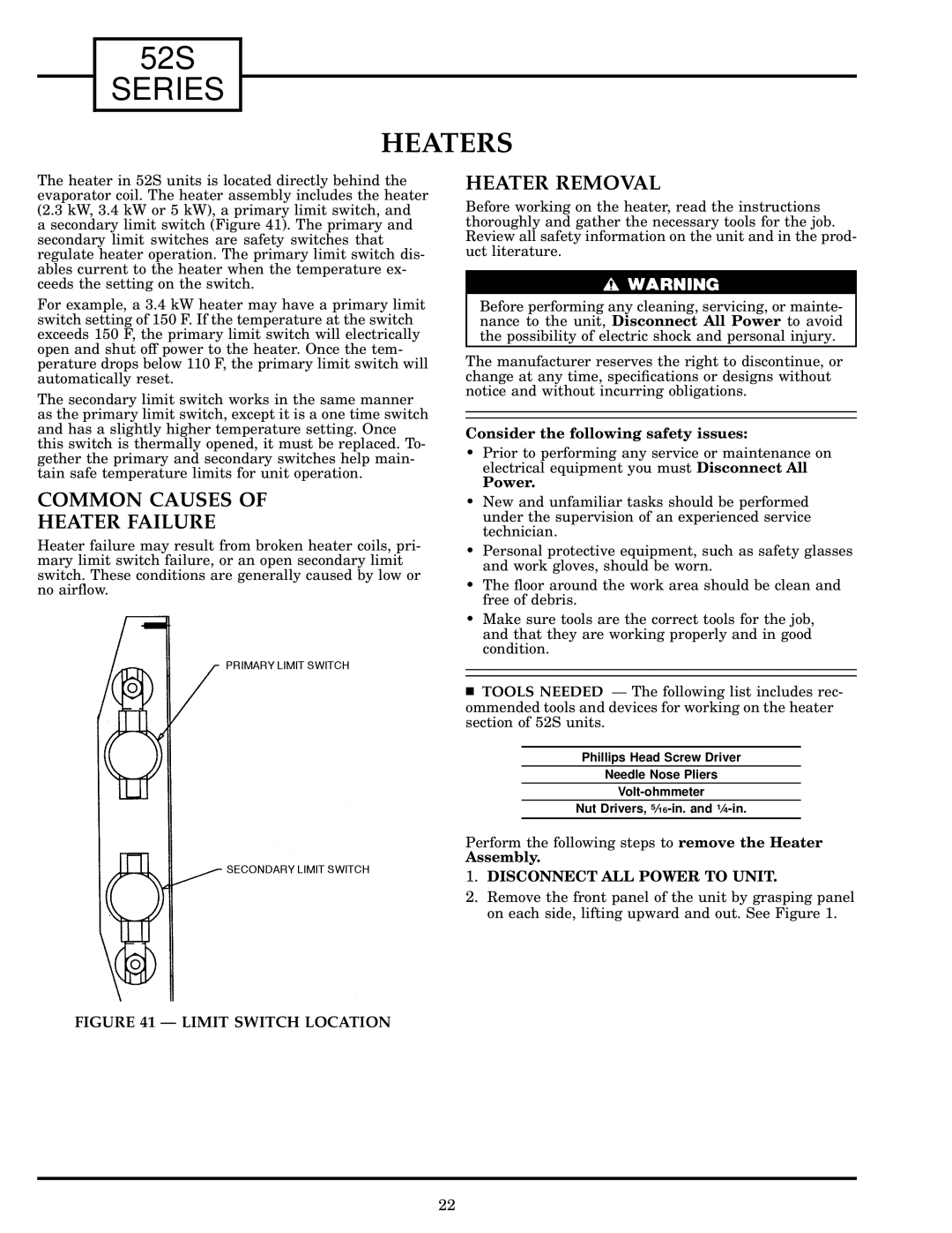 Carrier 52S manual Heaters, Common Causes Heater Failure, Heater Removal 