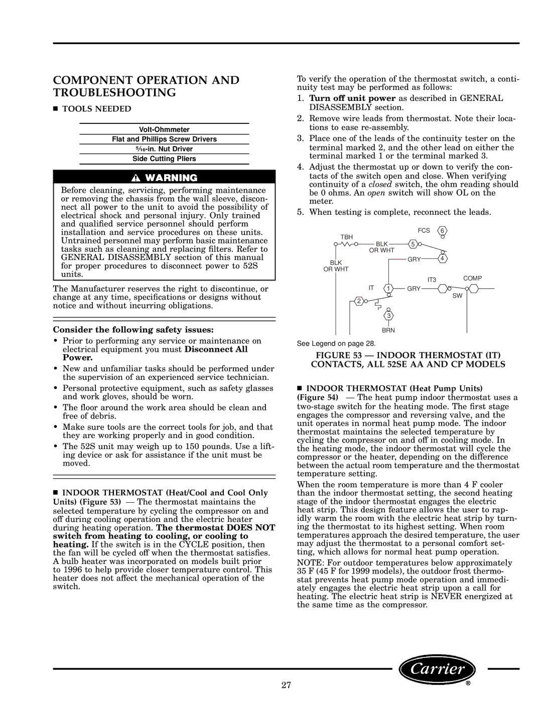 Carrier 52S manual Component Operation and Troubleshooting, Tools Needed, Indoor Thermostat Heat Pump Units 