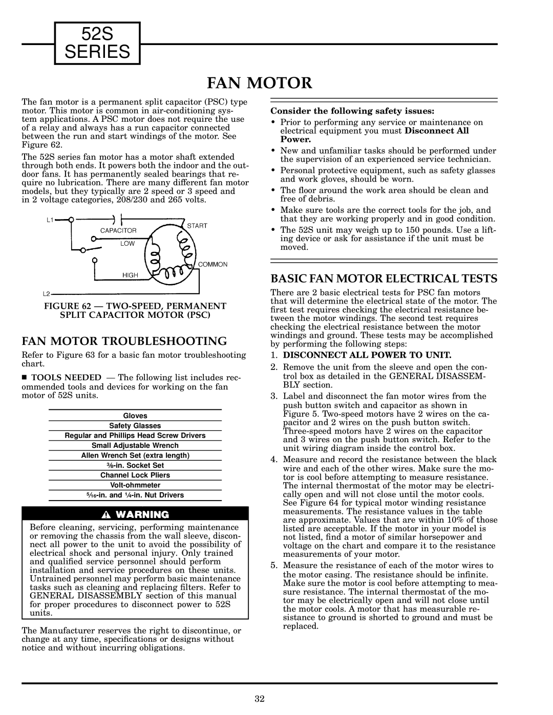 Carrier 52S manual FAN Motor Troubleshooting, Basic FAN Motor Electrical Tests 