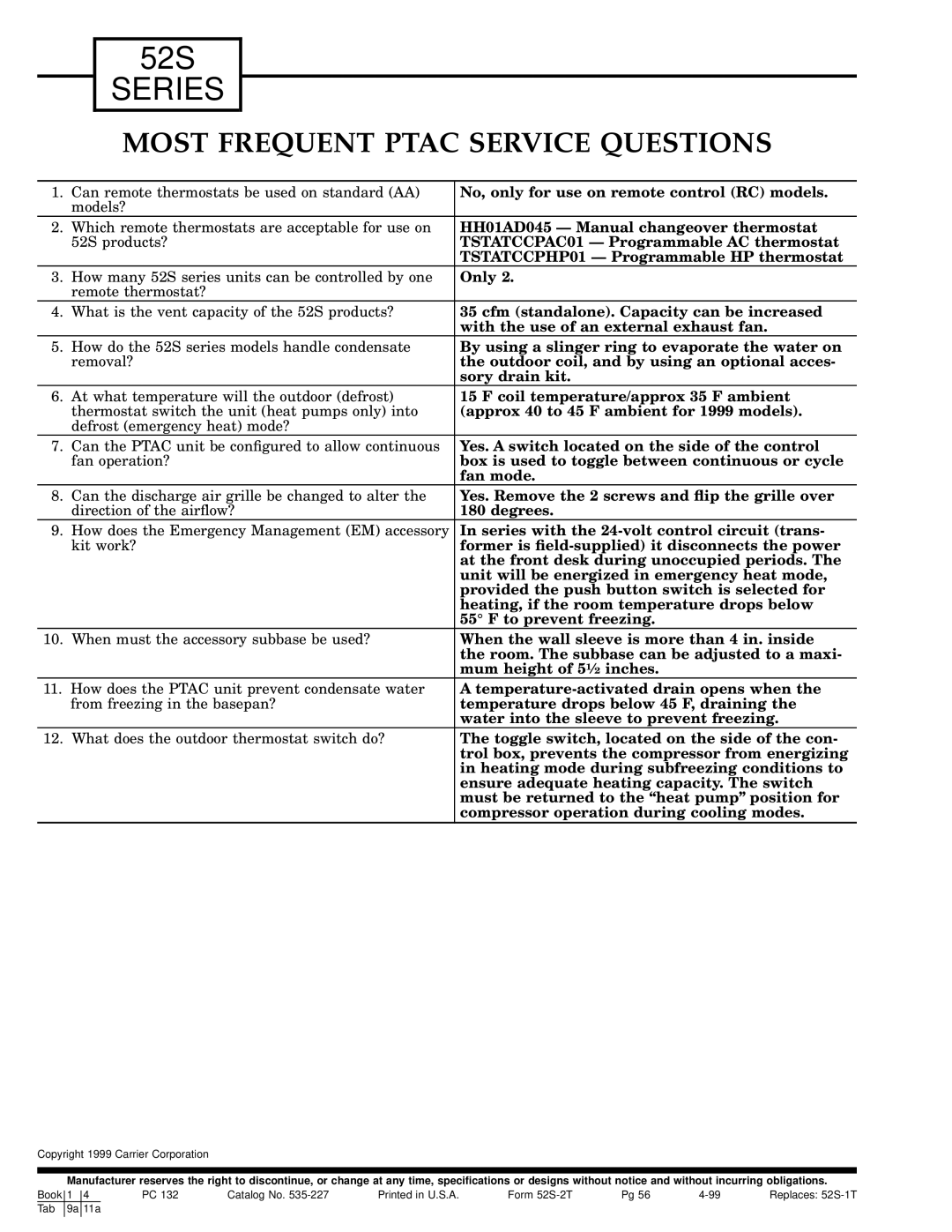 Carrier 52S manual Most Frequent Ptac Service Questions 