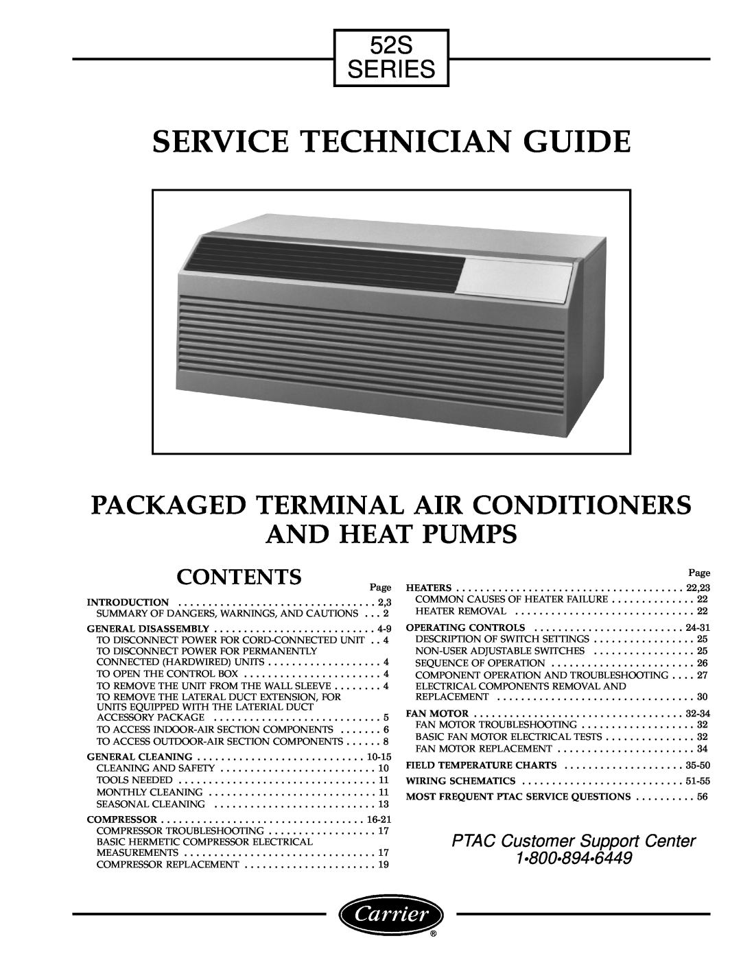Carrier manual 52S SERIES, Contents, Service Technician Guide, Packaged Terminal Air Conditioners And Heat Pumps 