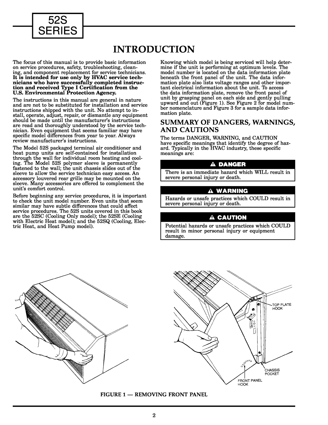 Carrier manual Introduction, Summary Of Dangers, Warnings, And Cautions, Ð Removing Front Panel, 52S SERIES 