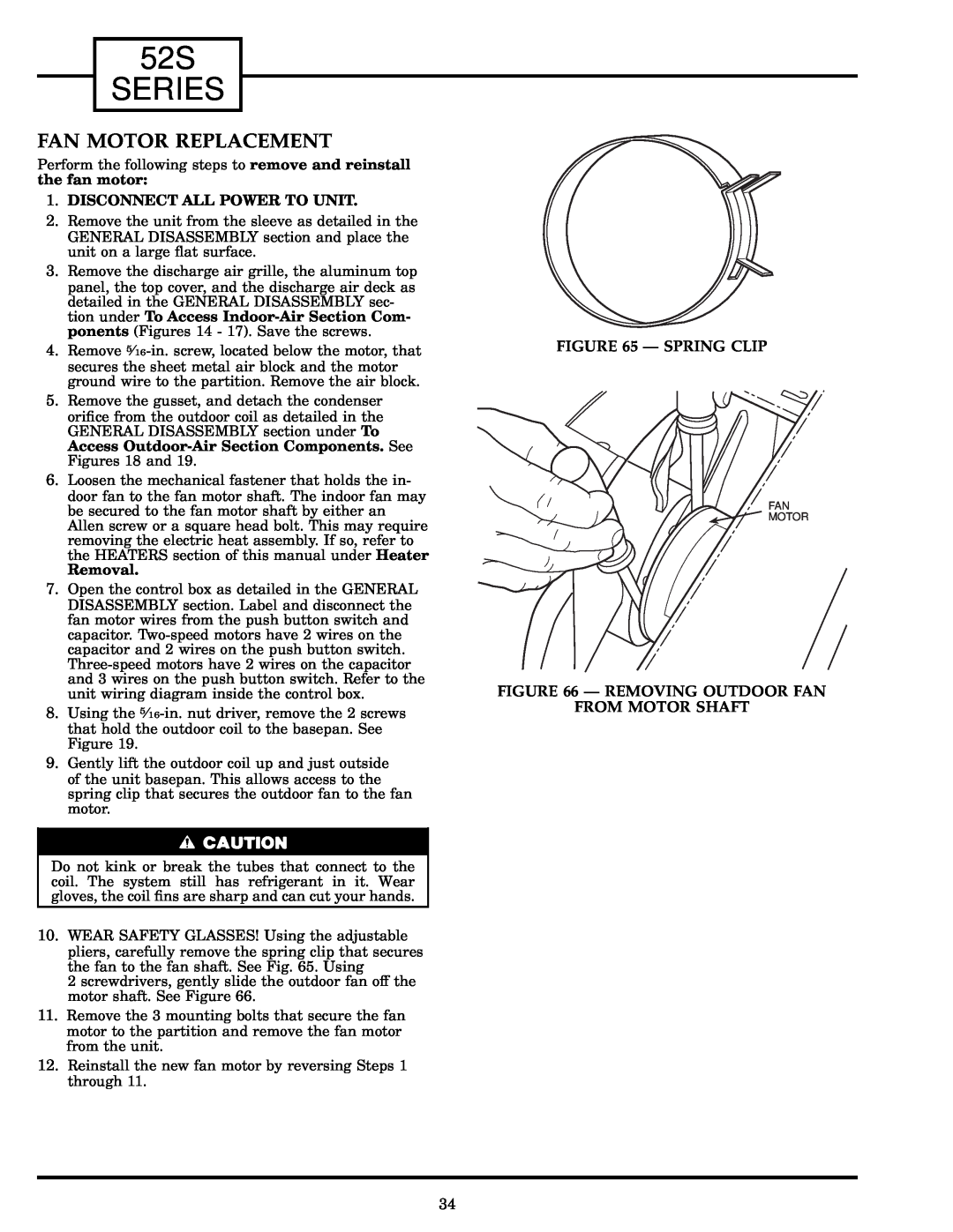 Carrier manual Fan Motor Replacement, Removal, Ð Spring Clip, Ð Removing Outdoor Fan From Motor Shaft, 52S SERIES 