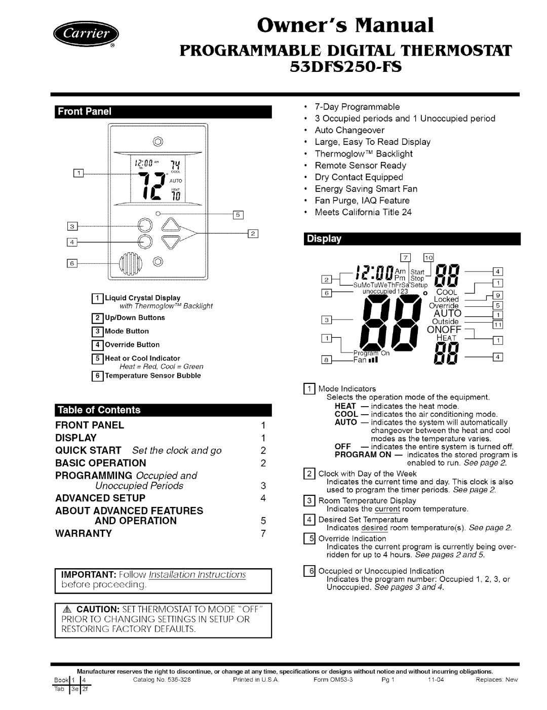 Carrier 53DFS250-FS owner manual I1€1,1Bill, Front Panel Display Quick Start, Basic Operation Programming 