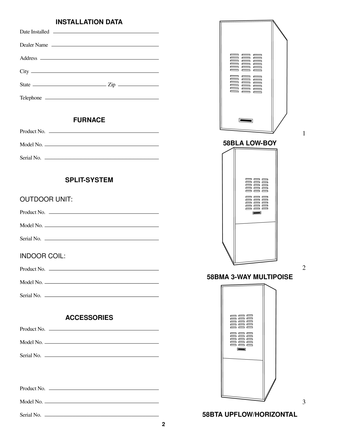 Carrier 58BMA, 58BLA, 58BTA manual Installation Data 