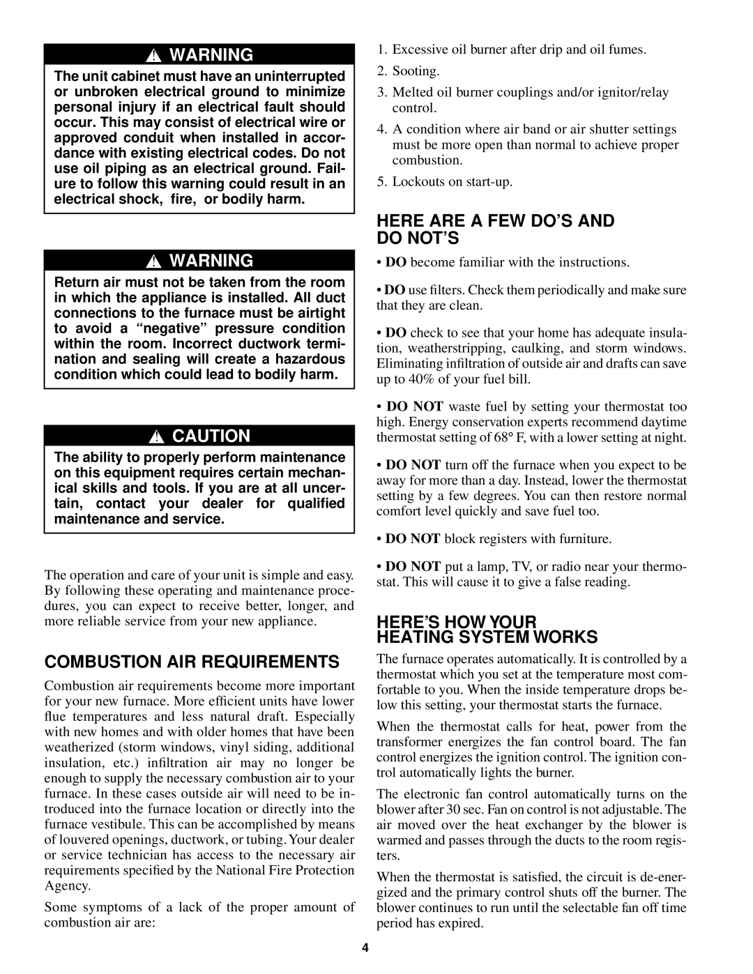 Carrier 58BTA, 58BLA Here are a FEW DO’S and do NOT’S, Combustion AIR Requirements, HERE’S HOW Your Heating System Works 