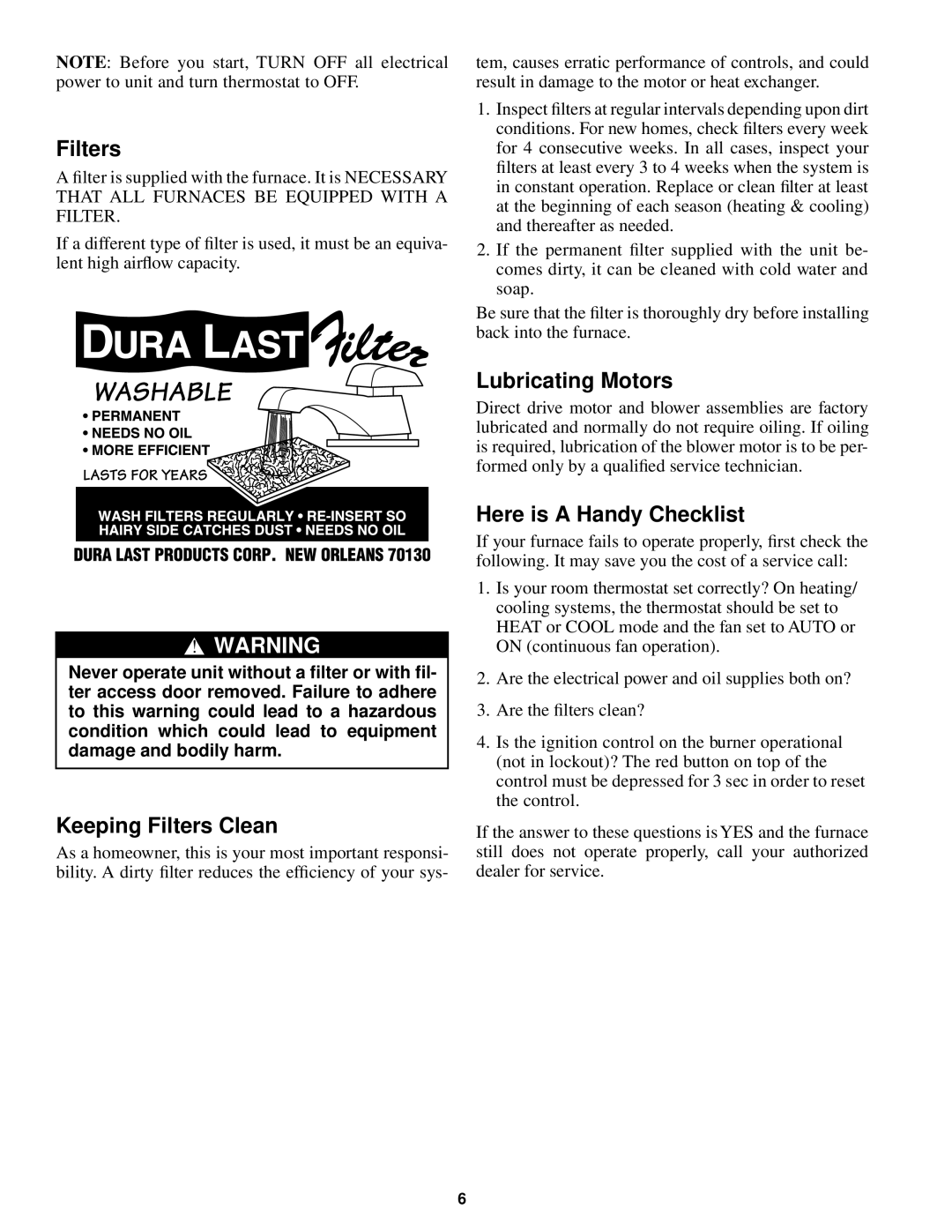 Carrier 58BLA, 58BTA, 58BMA manual Lubricating Motors, Here is a Handy Checklist, Keeping Filters Clean 