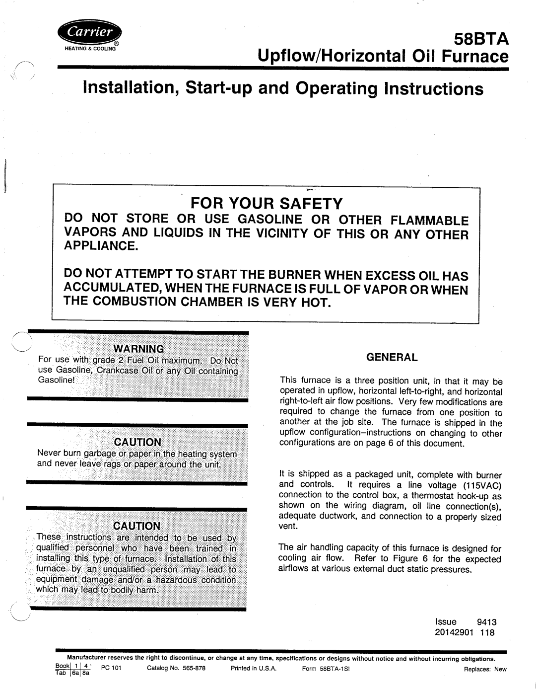 Carrier 58BTA, 58BLA manual User’S Information Manual For The Operation And, Maintenance Of Your New Oil-Firedfurnace 