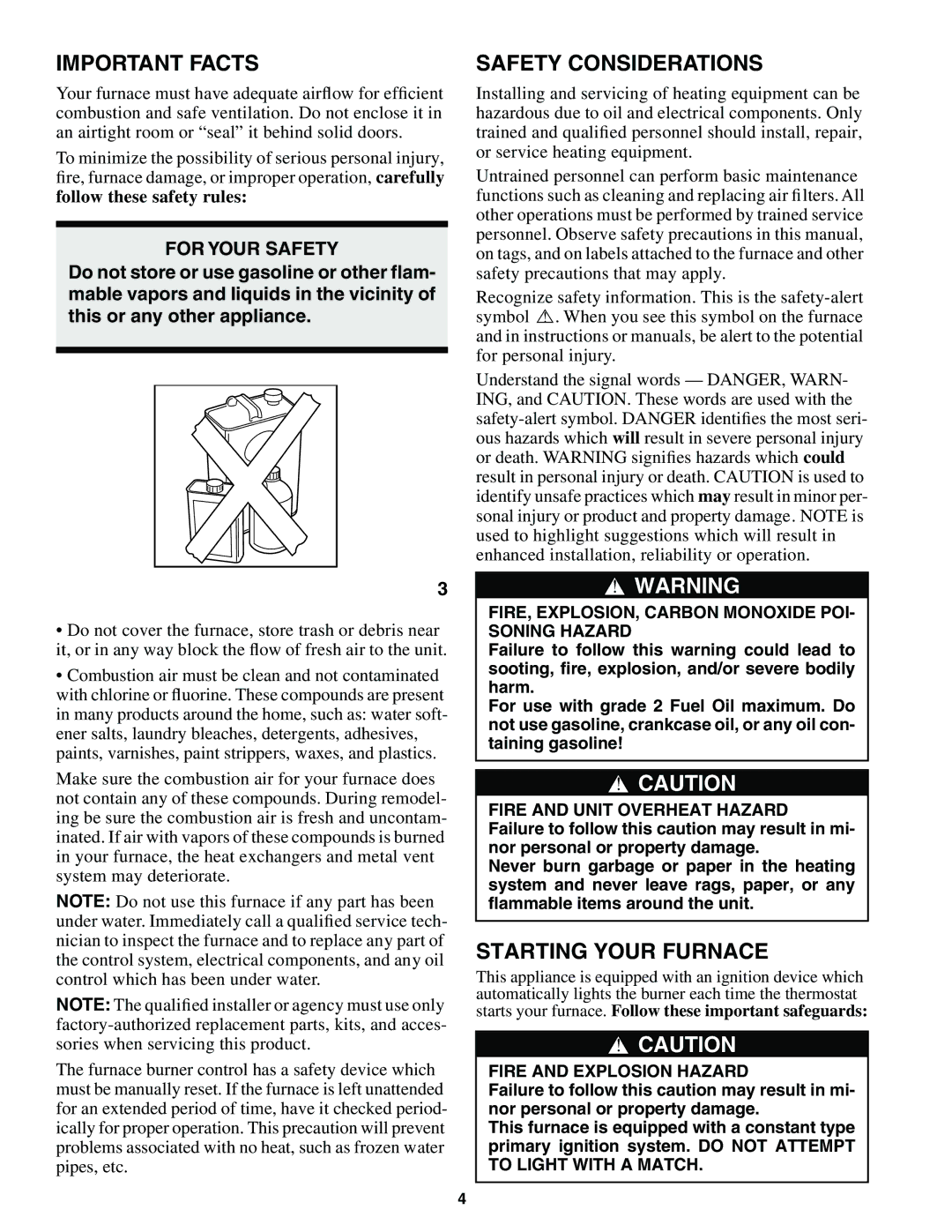 Carrier 58CLA manual Important Facts, Safety Considerations, Starting Your Furnace, For Your Safety 