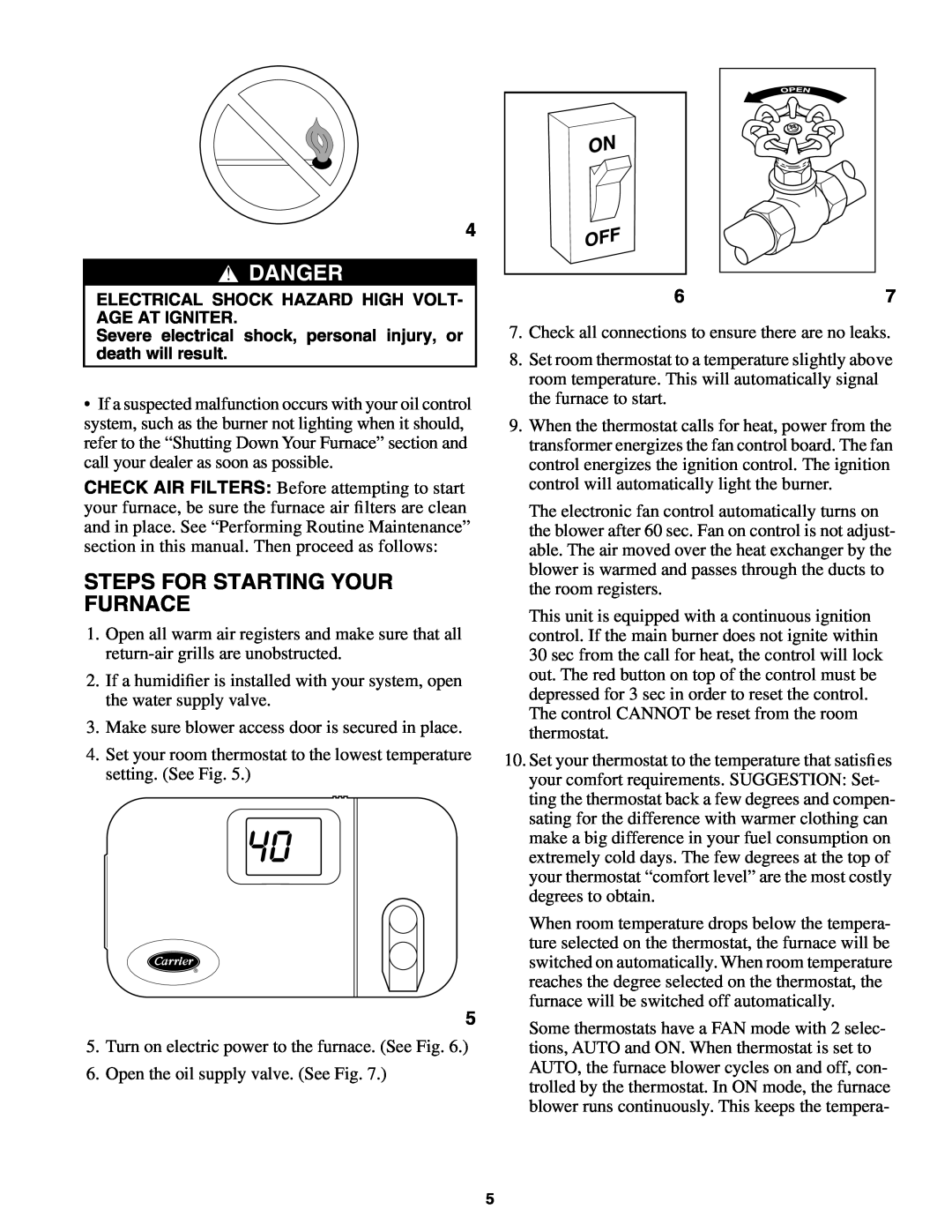 Carrier 58CLA manual Steps For Starting Your Furnace, Danger 