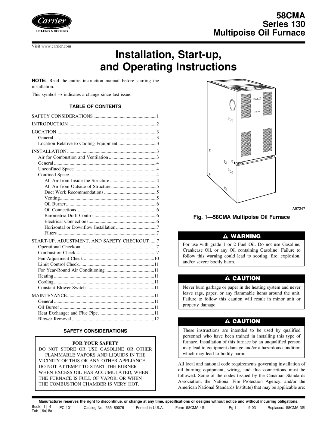 Carrier 58CMA instruction manual Table of Contents, Safety Considerations 