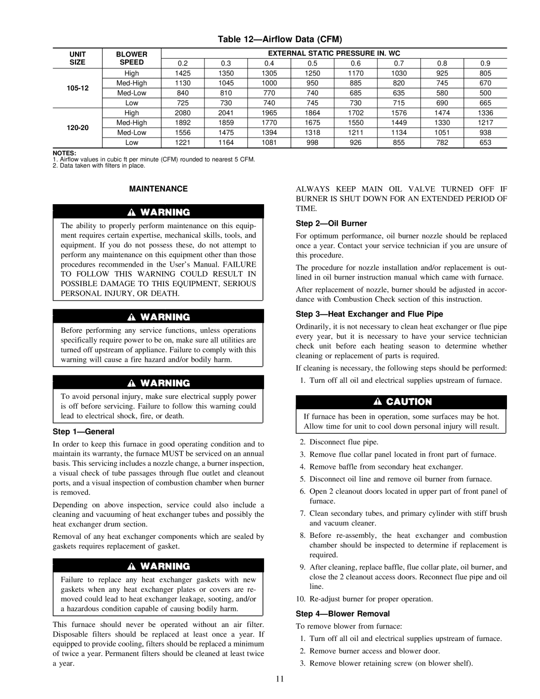 Carrier 58CMA instruction manual Airflow Data CFM, Maintenance, Oil Burner, Heat Exchanger and Flue Pipe, Blower Removal 