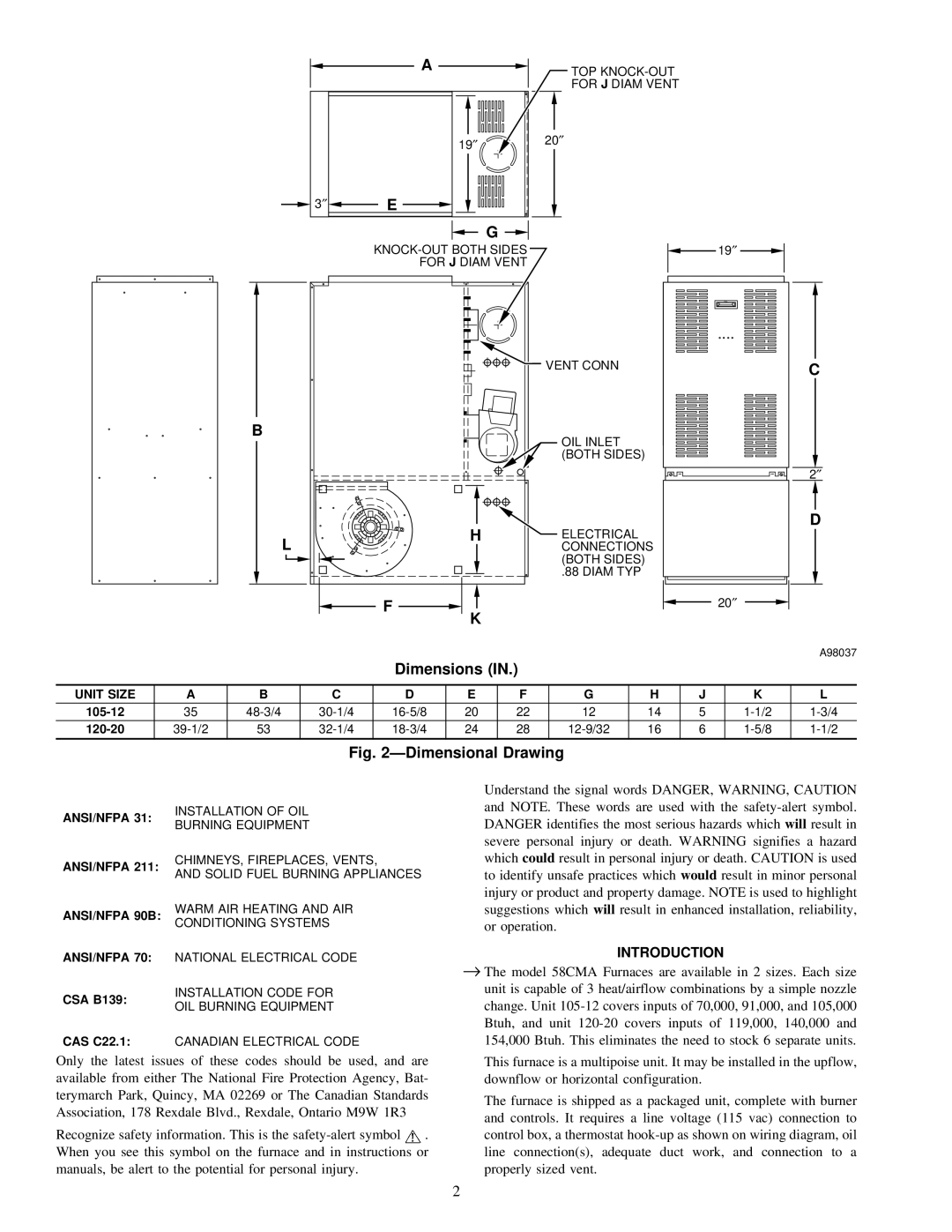 Carrier 58CMA instruction manual Dimensions, Introduction, Unit Size, Ansi/Nfpa, ANSI/NFPA 90B 