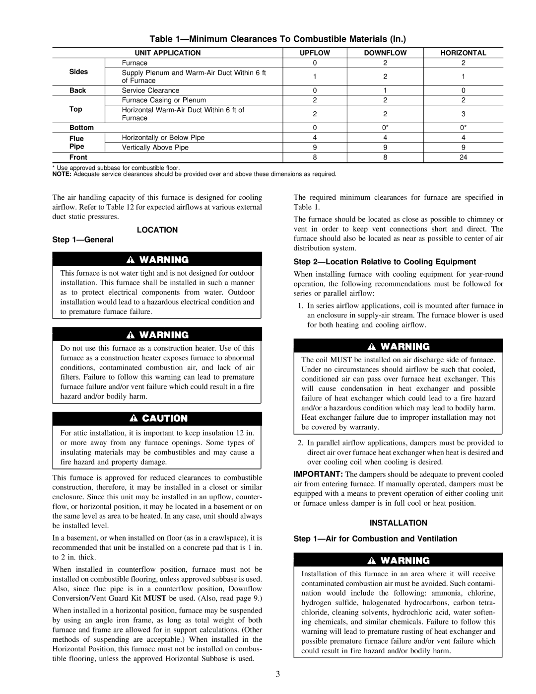 Carrier 58CMA instruction manual Minimum Clearances To Combustible Materials, Location, Installation 