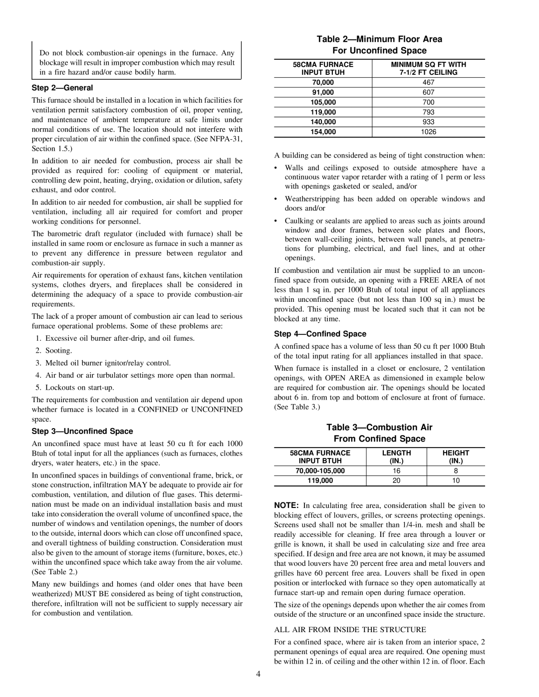 Carrier 58CMA instruction manual Minimum Floor Area For Unconfined Space, Combustion Air From Confined Space 