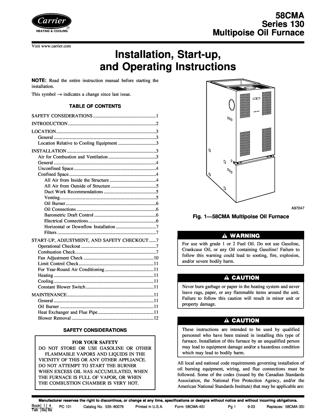 Carrier instruction manual 58CMAMultipoise Oil Furnace, Table Of Contents, Safety Considerations, For Your Safety 