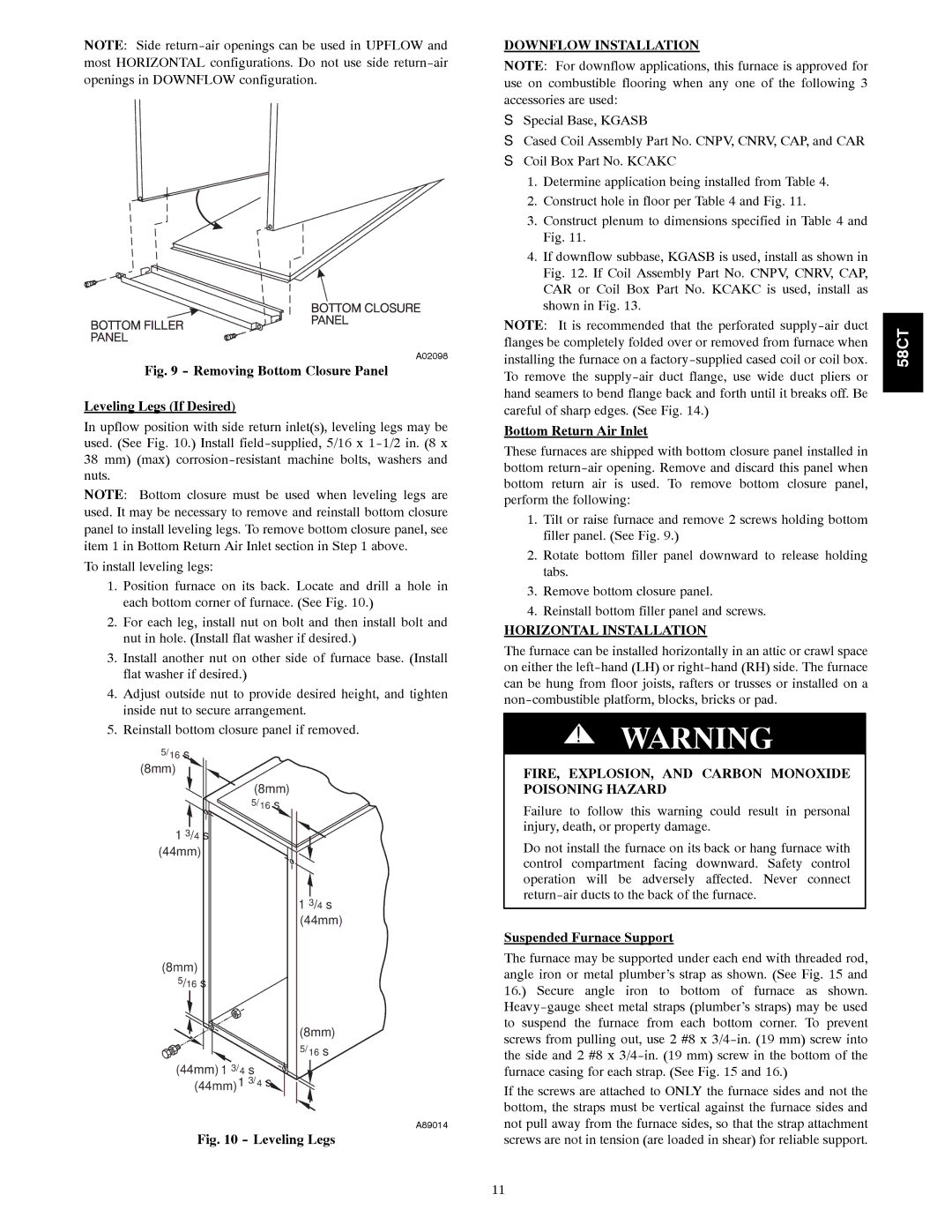 Carrier 58CTA/CTX Downflow Installation, Horizontal Installation, FIRE, EXPLOSION, and Carbon Monoxide Poisoning Hazard 