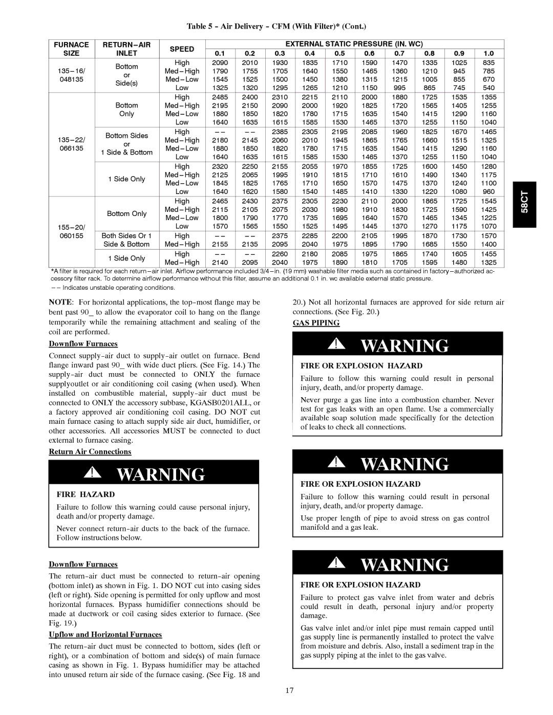 Carrier 58CTA/CTX instruction manual Air Delivery CFM With Filter, Downflow Furnaces, Return Air Connections 