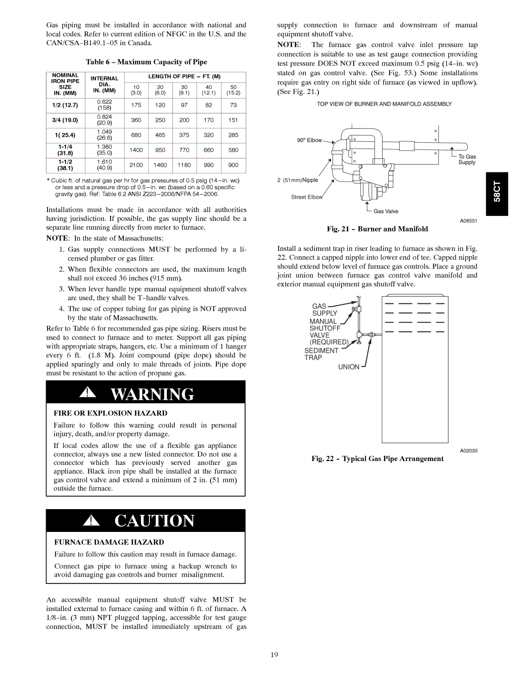 Carrier 58CTA/CTX instruction manual Maximum Capacity of Pipe, Furnace Damage Hazard 