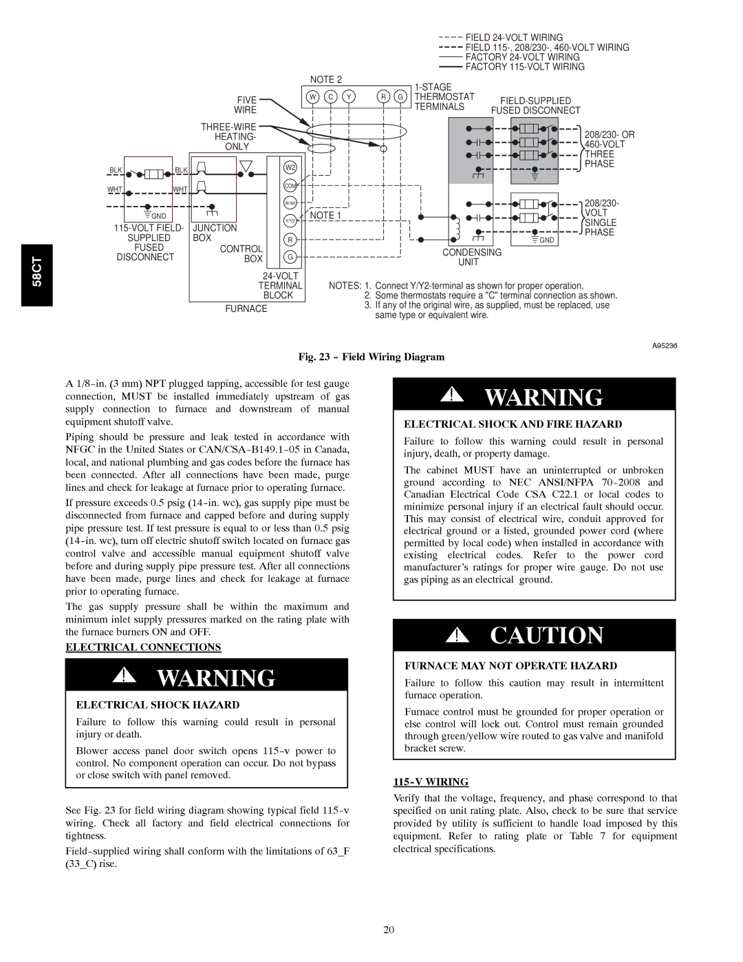 Carrier 58CTA/CTX Electrical Connections Electrical Shock Hazard, Electrical Shock and Fire Hazard, Wiring 