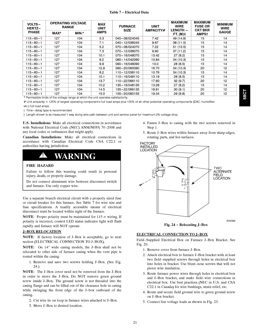 Carrier 58CTA/CTX instruction manual Electrical Data, BOX Relocation, Electrical Connection to J-BOX 