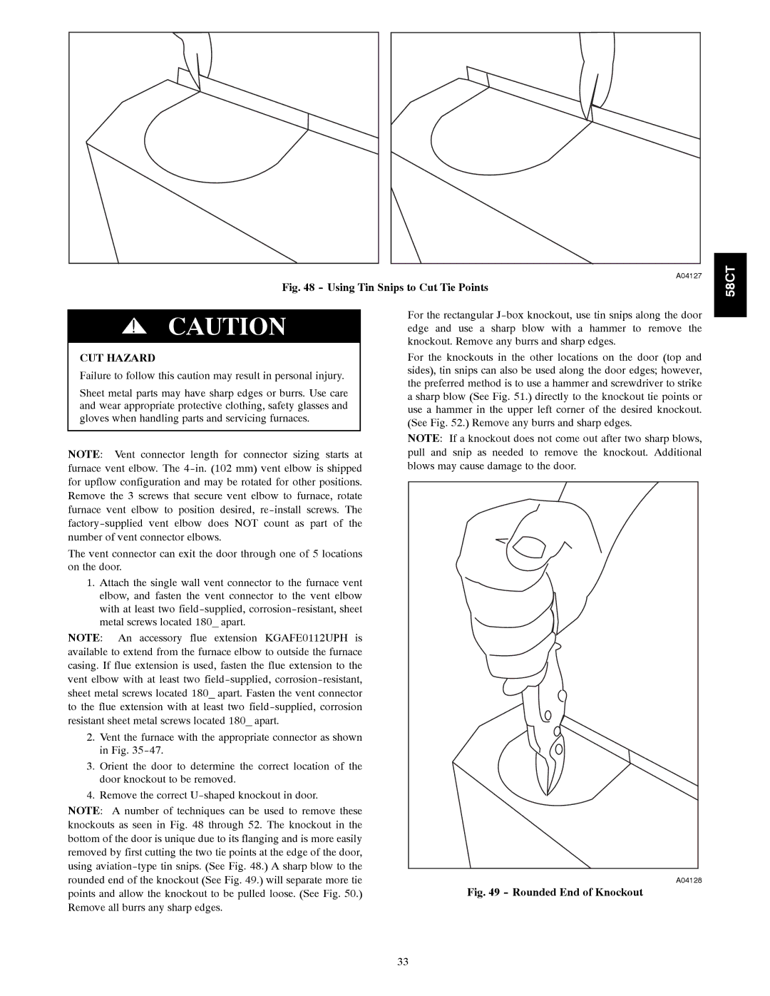 Carrier 58CTA/CTX instruction manual Using Tin Snips to Cut Tie Points 