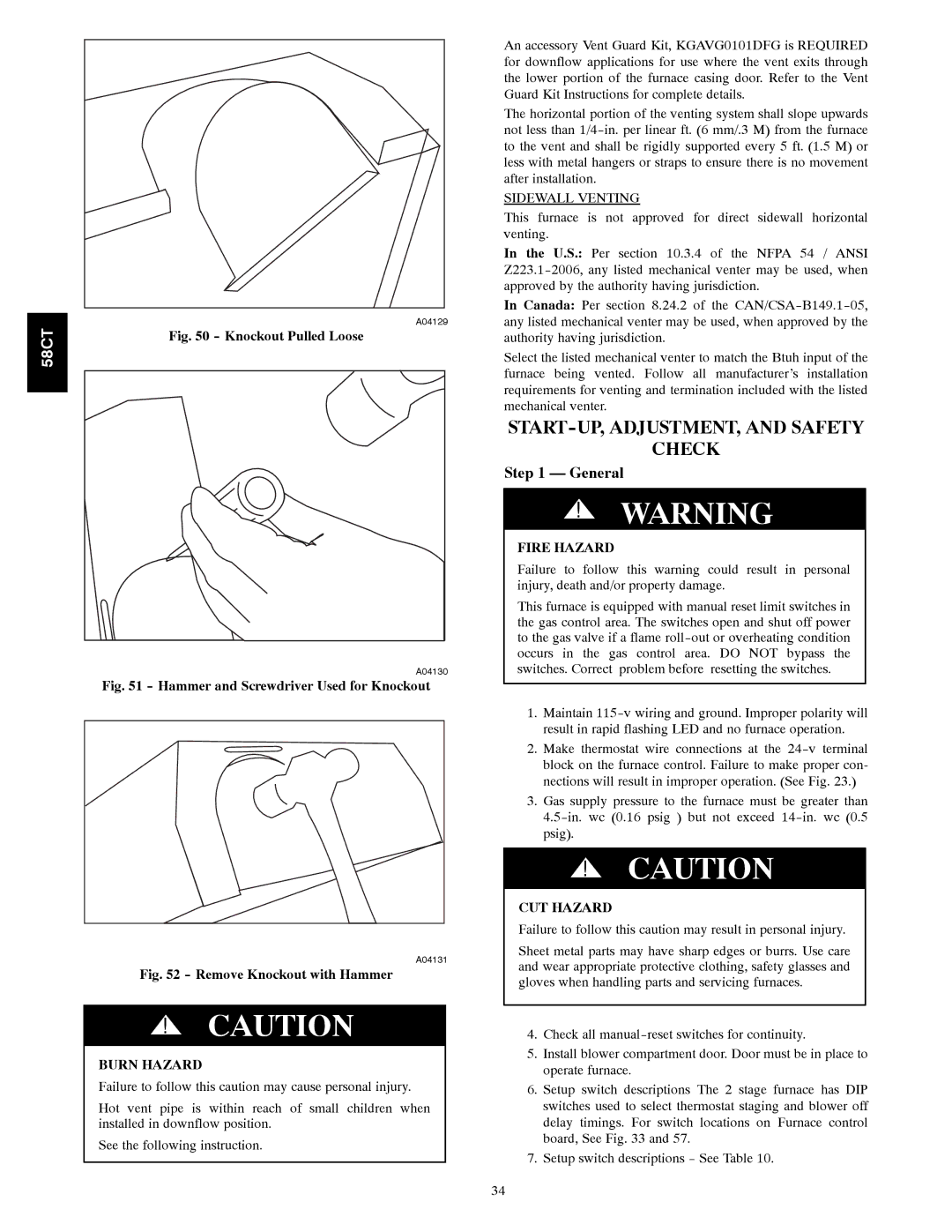 Carrier 58CTA/CTX instruction manual START-UP, ADJUSTMENT, and Safety Check, General, Burn Hazard 