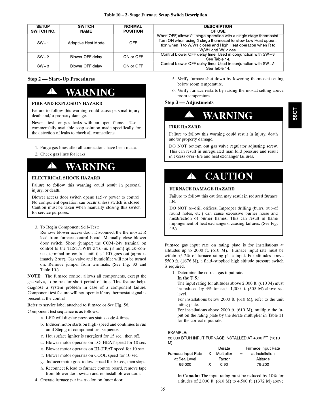 Carrier 58CTA/CTX Start-Up Procedures, Adjustments, Stage Furnace Setup Switch Description, Fire and Explosion Hazard, U.S 