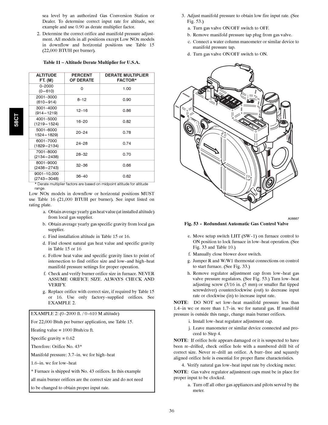 Carrier 58CTA/CTX instruction manual Altitude Derate Multiplier for U.S.A, Redundant Automatic Gas Control Valve 