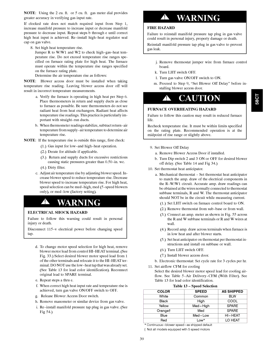 Carrier 58CTA/CTX instruction manual Speed Selection, Color Speed AS Shipped 