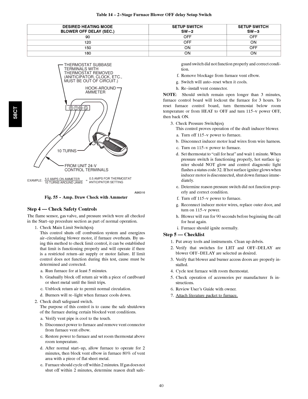 Carrier 58CTA/CTX instruction manual Check Safety Controls, Checklist, Stage Furnace Blower OFF delay Setup Switch 