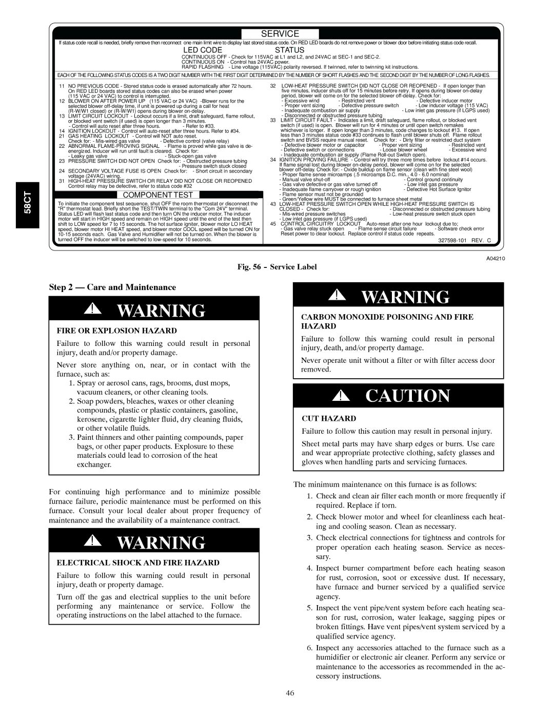 Carrier 58CTA/CTX instruction manual Care and Maintenance, Carbon Monoxide Poisoning and Fire Hazard 