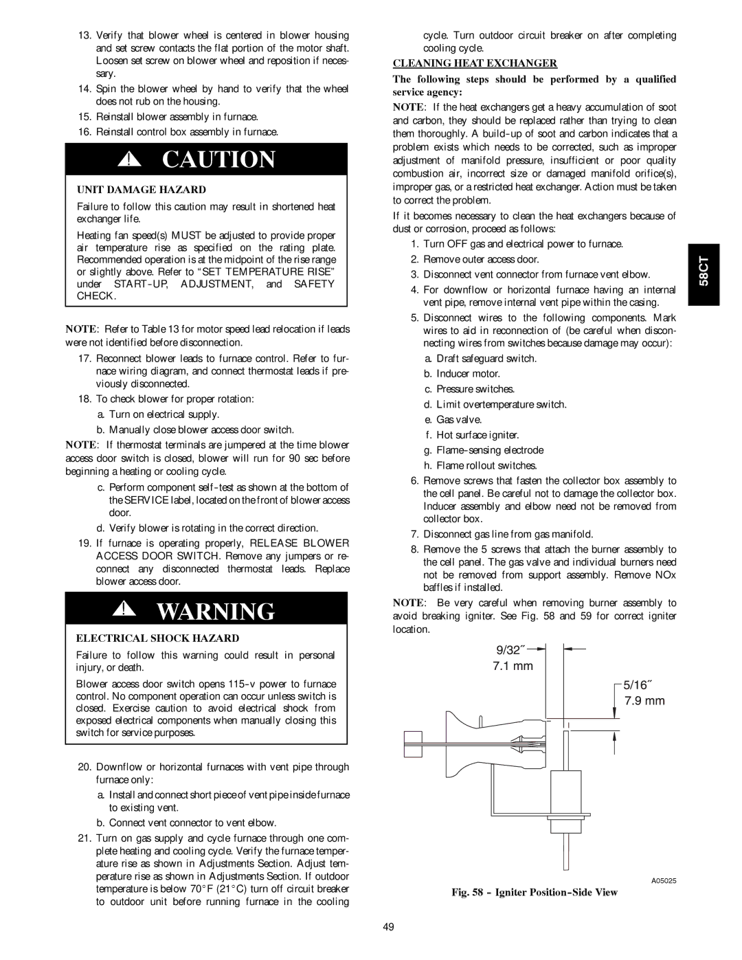 Carrier 58CTA/CTX instruction manual Unit Damage Hazard, Cleaning Heat Exchanger 