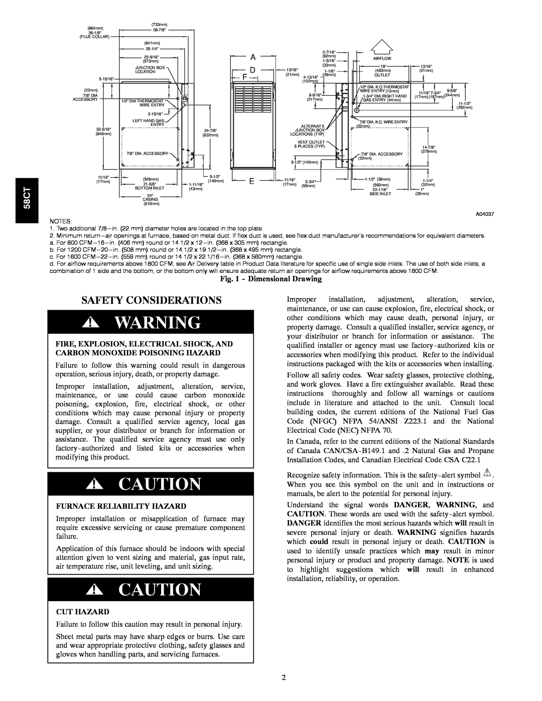 Carrier 58CTA/CTX instruction manual Safety Considerations, Dimensional Drawing, Furnace Reliability Hazard, Cut Hazard 