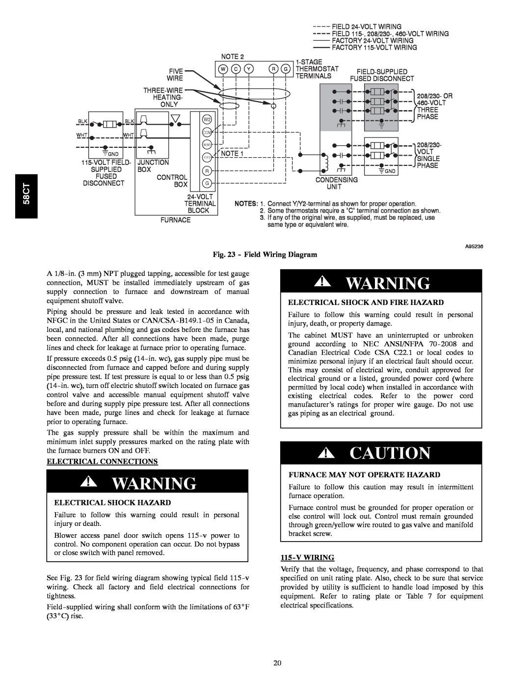 Carrier 58CTA/CTX Field Wiring Diagram, Electrical Connections, Electrical Shock Hazard, Electrical Shock And Fire Hazard 