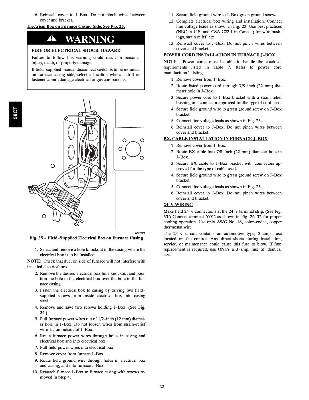 Carrier 58CTA/CTX Electrical Box on Furnace Casing Side. See Fig, Fire Or Electrical Shock Hazard, Vwiring 