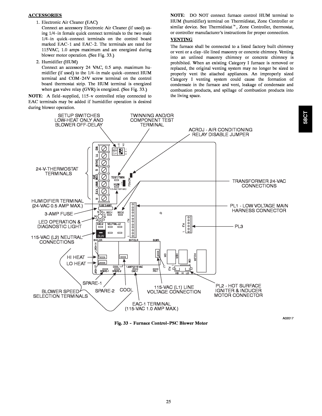 Carrier 58CTA/CTX instruction manual Accessories, Venting, Furnace Control-PSCBlower Motor 
