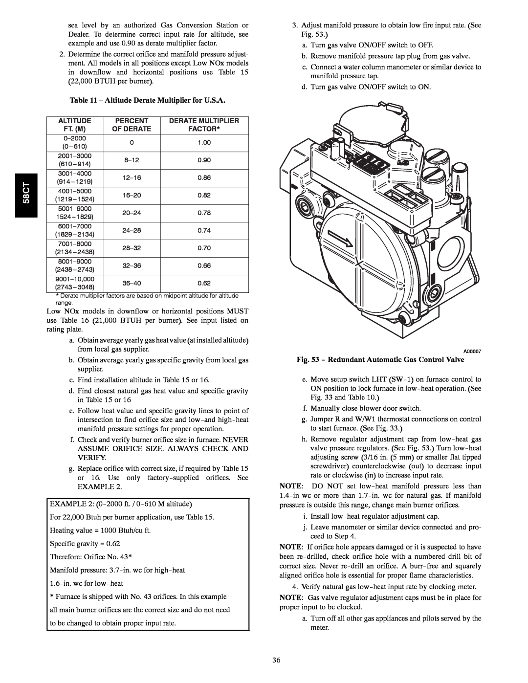 Carrier 58CTA/CTX instruction manual Altitude Derate Multiplier for U.S.A, Redundant Automatic Gas Control Valve 
