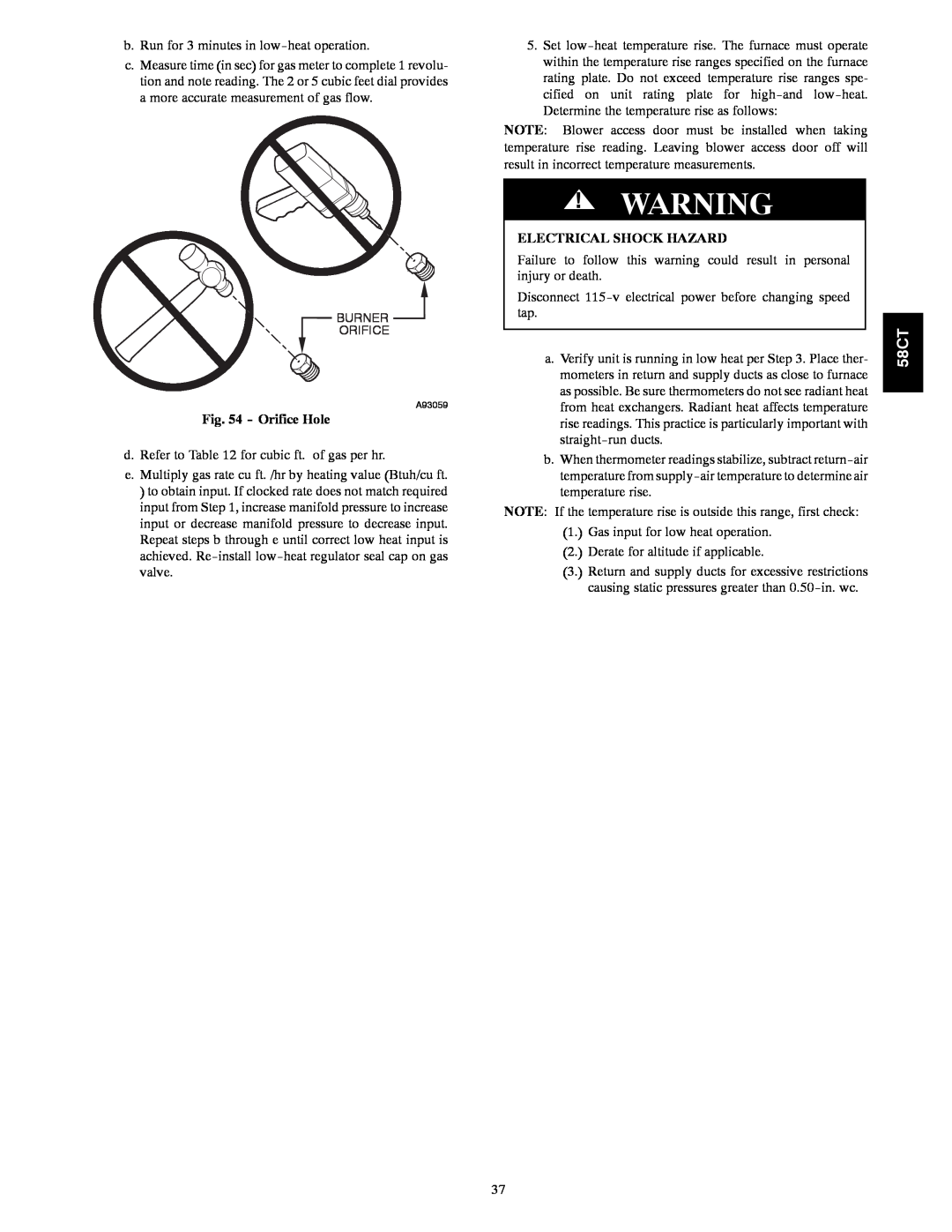 Carrier 58CTA/CTX instruction manual Orifice Hole, Electrical Shock Hazard 
