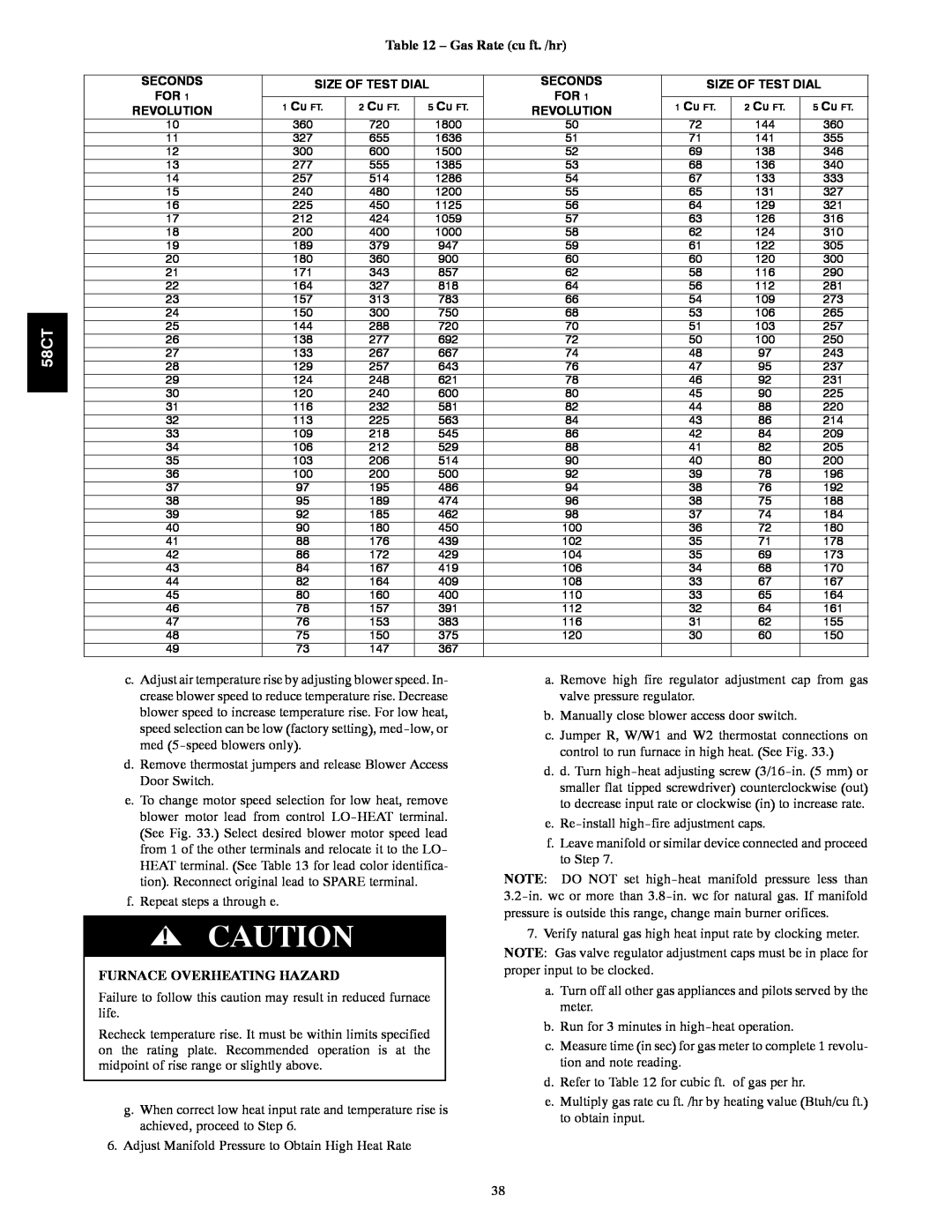 Carrier 58CTA/CTX instruction manual Gas Rate cu ft. /hr, Furnace Overheating Hazard 