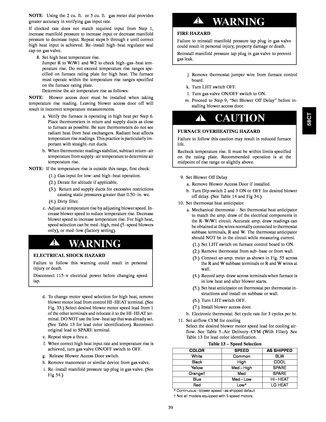 Carrier 58CTA/CTX instruction manual Speed Selection, Electrical Shock Hazard, Fire Hazard, Furnace Overheating Hazard 
